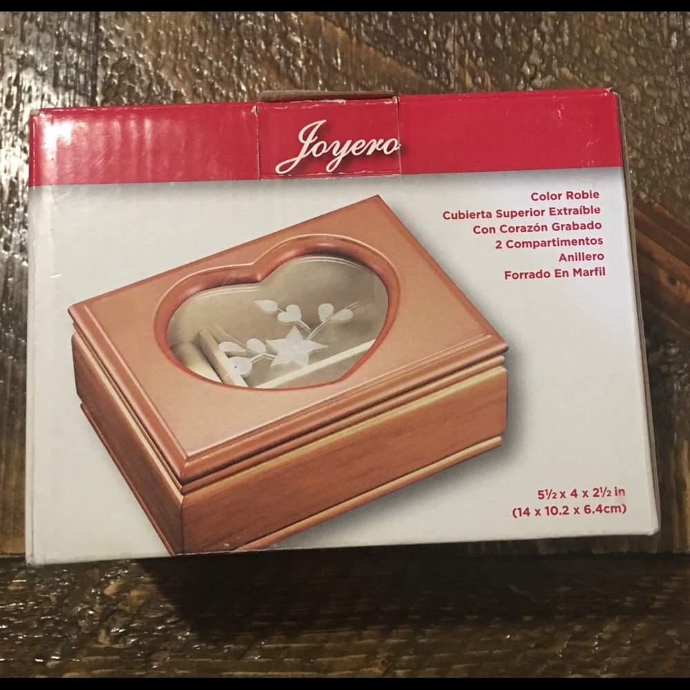 NIB Wooden Jewelry Box Oak Finish Heart 5.5x4x2.5